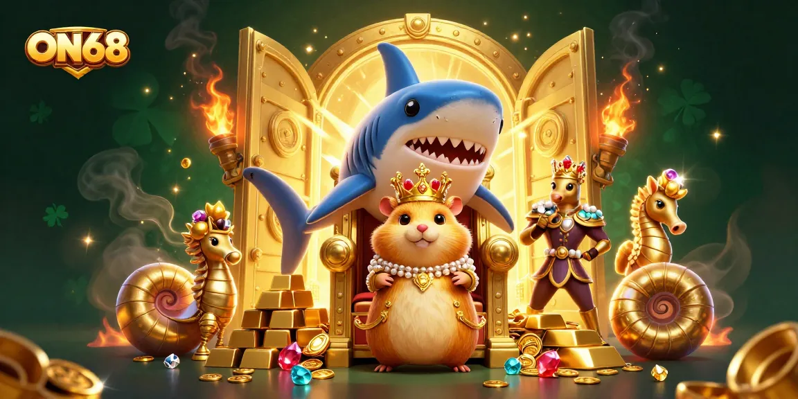 Engage with ON68's dynamic gaming scene, featuring a golden hamster king amidst treasures and casino elements.