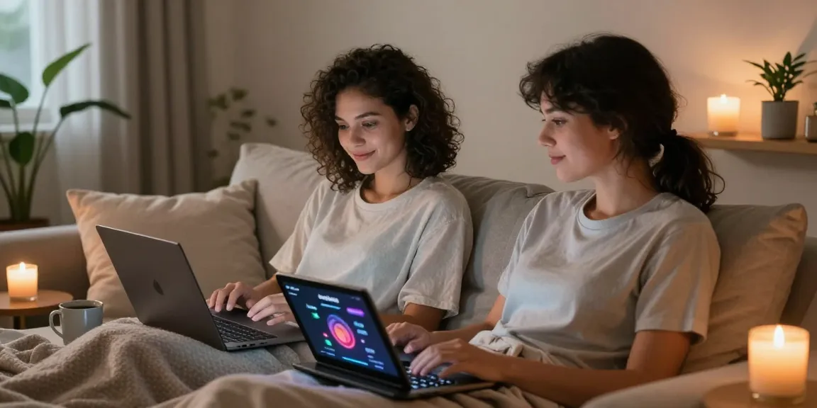 Young couple engaged in ai sex chat in a cozy home setting with warm lighting and personal touches.