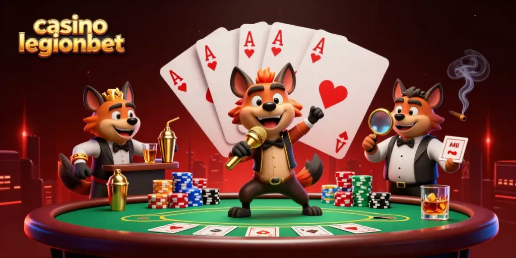 Experience the fun at casino legionbet with hyena characters enjoying a comedy club vibe and poker games.