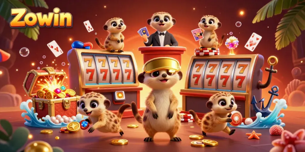 Zowin's lively cartoon meerkat casino scene with card dealers and treasure.