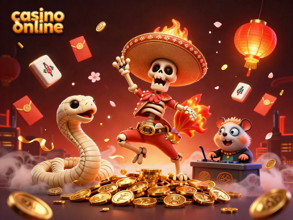 Experience casino online excitement with a dynamic 3D scene featuring vibrant characters and gold coins.