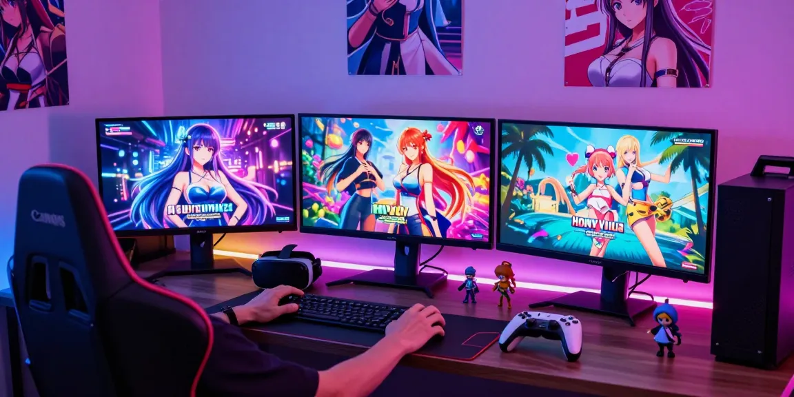 Immersive gaming setup featuring vibrant ecchi games displayed on screens with colorful LED lights.