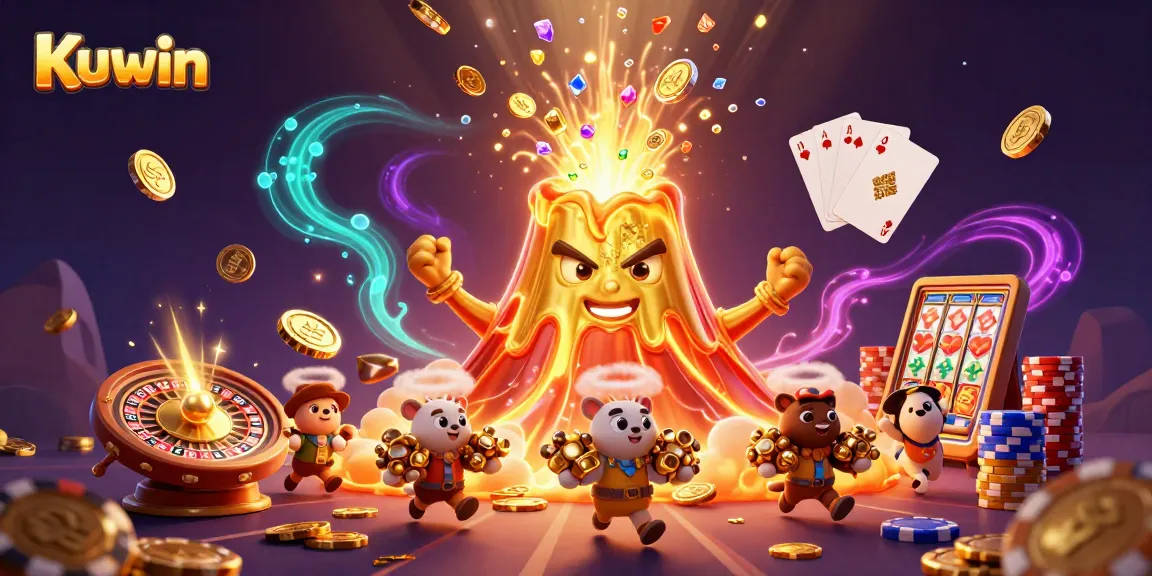 Kuwin's golden volcano erupts coins while tiny animals collect treasure in a vibrant casino scene