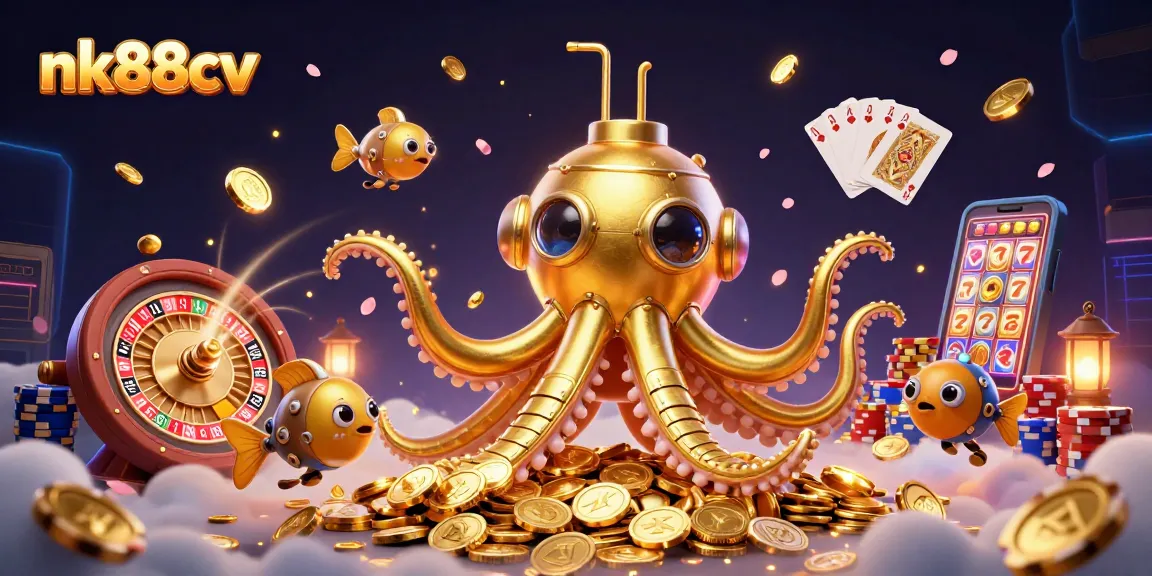 Engage in thrilling gaming at nk88cv with a golden kraken submarine amidst coins and cards.