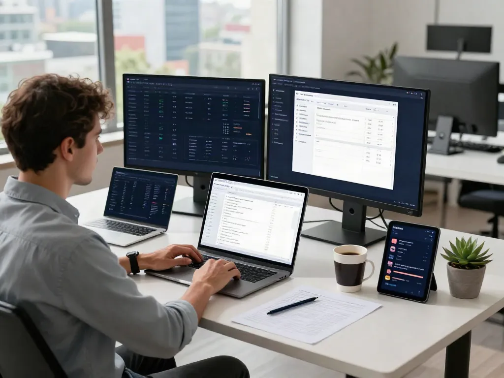 Professional engaged in instant indexing strategies at a tech workspace
