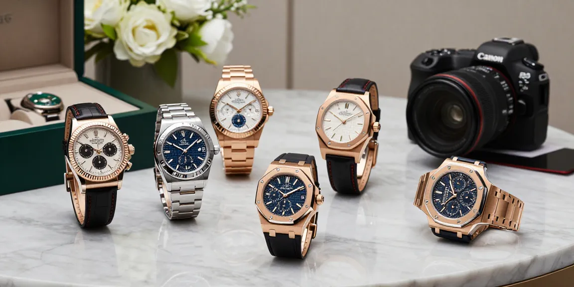Showcase of super clone watches highlighting luxury replicas on a marble countertop.