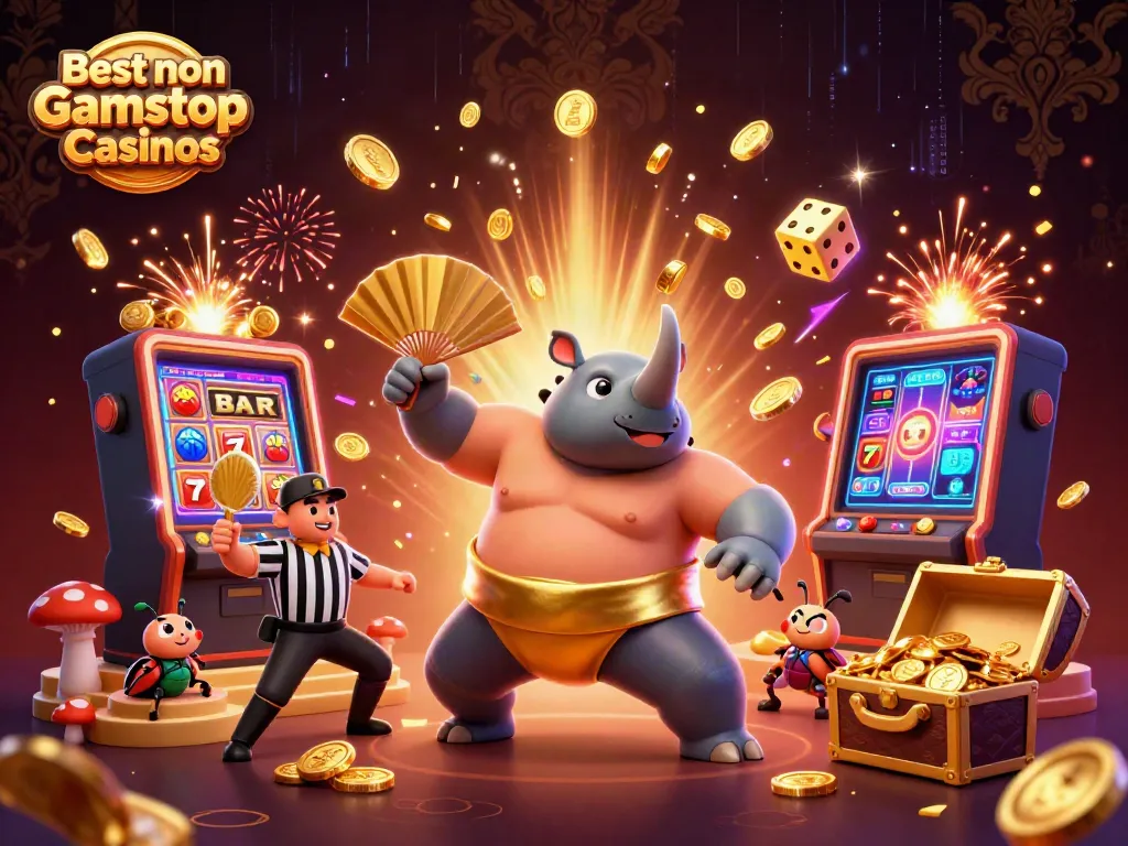 Engaging scene of a rhinoceros beetle sumo champion celebrating wins at Best non Gamstop Casinos.