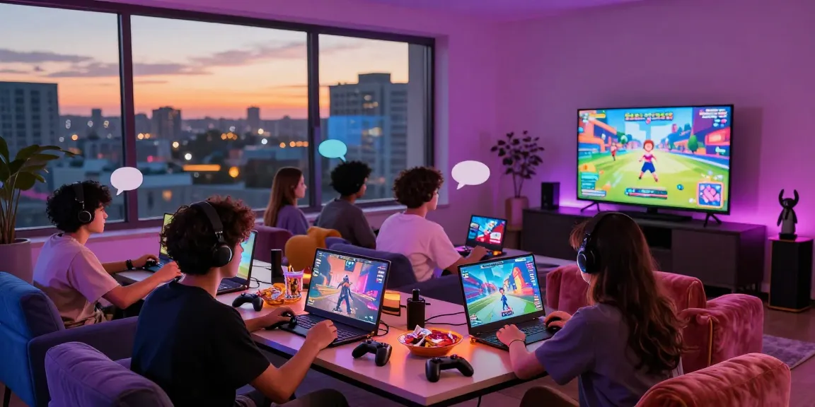 Engaging friends playing hentai game in a vibrant gaming lounge.