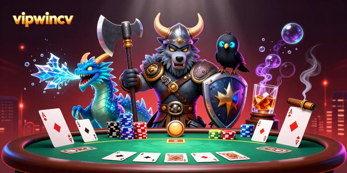 Engage with vipwincv's thrilling atmosphere featuring a Viking wolf warrior and dragon at a poker table.