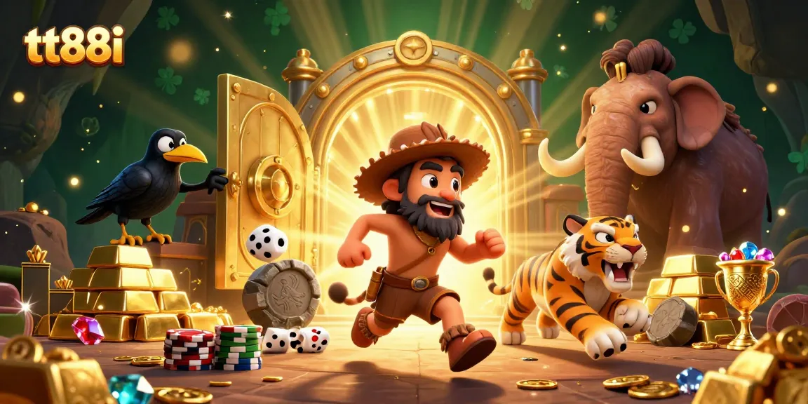 Play at tt88i's vibrant online casino, featuring dynamic gaming scenes filled with treasures.