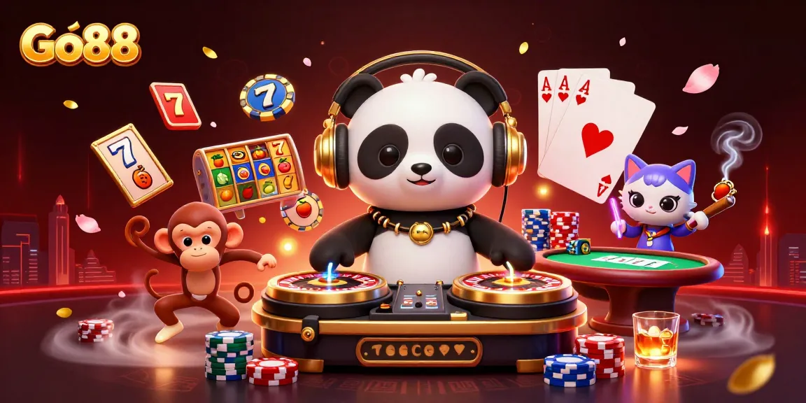 Experience the excitement at Go88 with vibrant 3D characters in a casino setting, featuring slot games and poker tables.