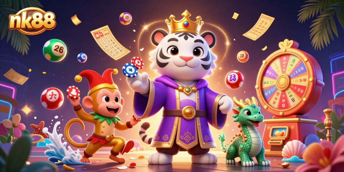 Experience the thrill of nk88 with a vibrant 3D illustration showcasing a tiger, monkey, and lively game elements.