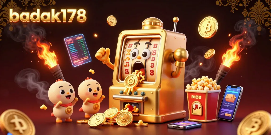 Engage with badak178 as a golden slot machine hits a jackpot, surrounded by glowing crypto elements.