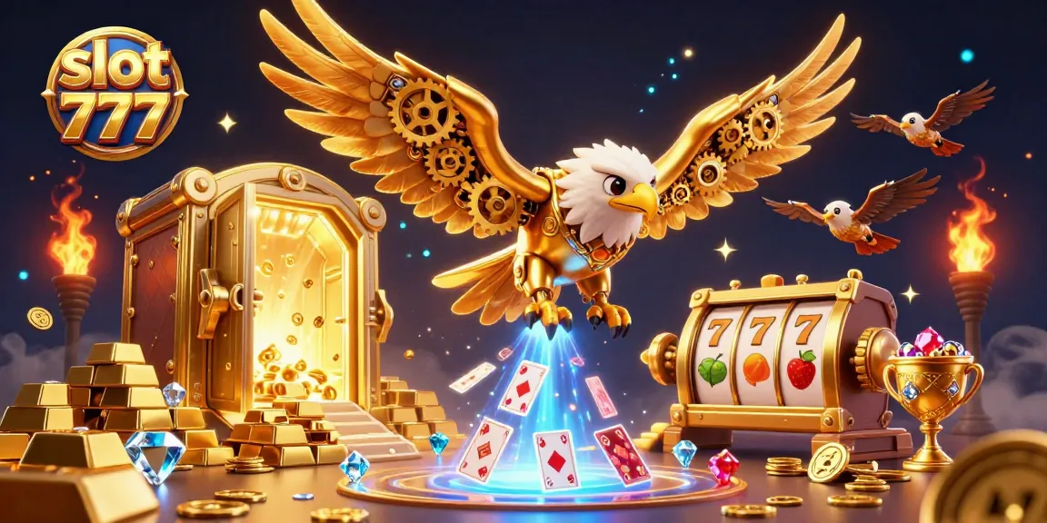 Engage in thrilling slot 777 adventures with a majestic golden eagle soaring through vibrant digital casino symbols.