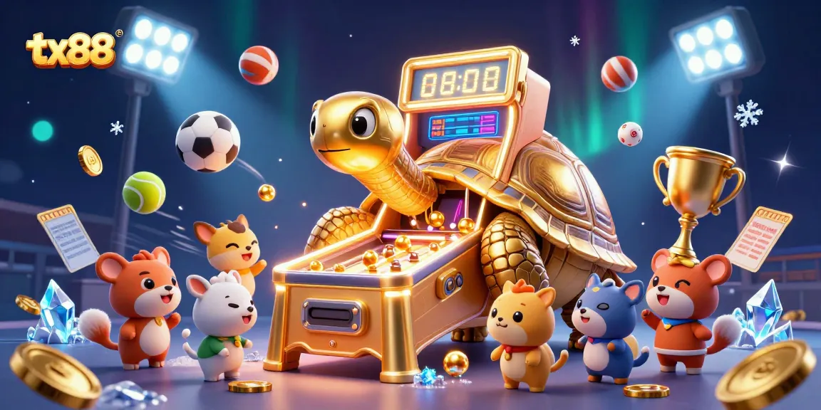 Experience exciting gameplay with tx88's vibrant casino scene featuring a golden tortoise and sports elements.